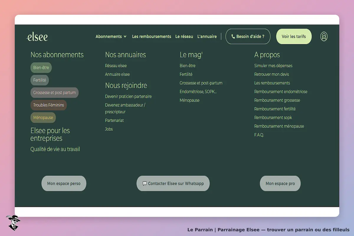 Elsee : menu de navigation avec sections sur abonnements, annuaires et contact