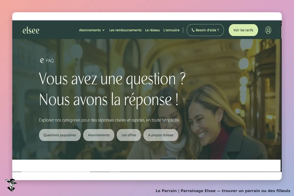 Elsee : page d'accueil avec une FAQ et des options de navigation sur fond lumineux