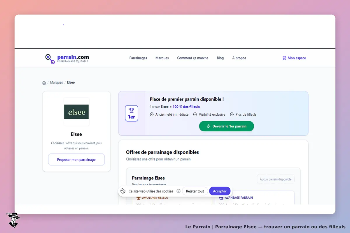 Elsee : page d'accueil avec options de parrainage et bouton pour devenir le premier parrain