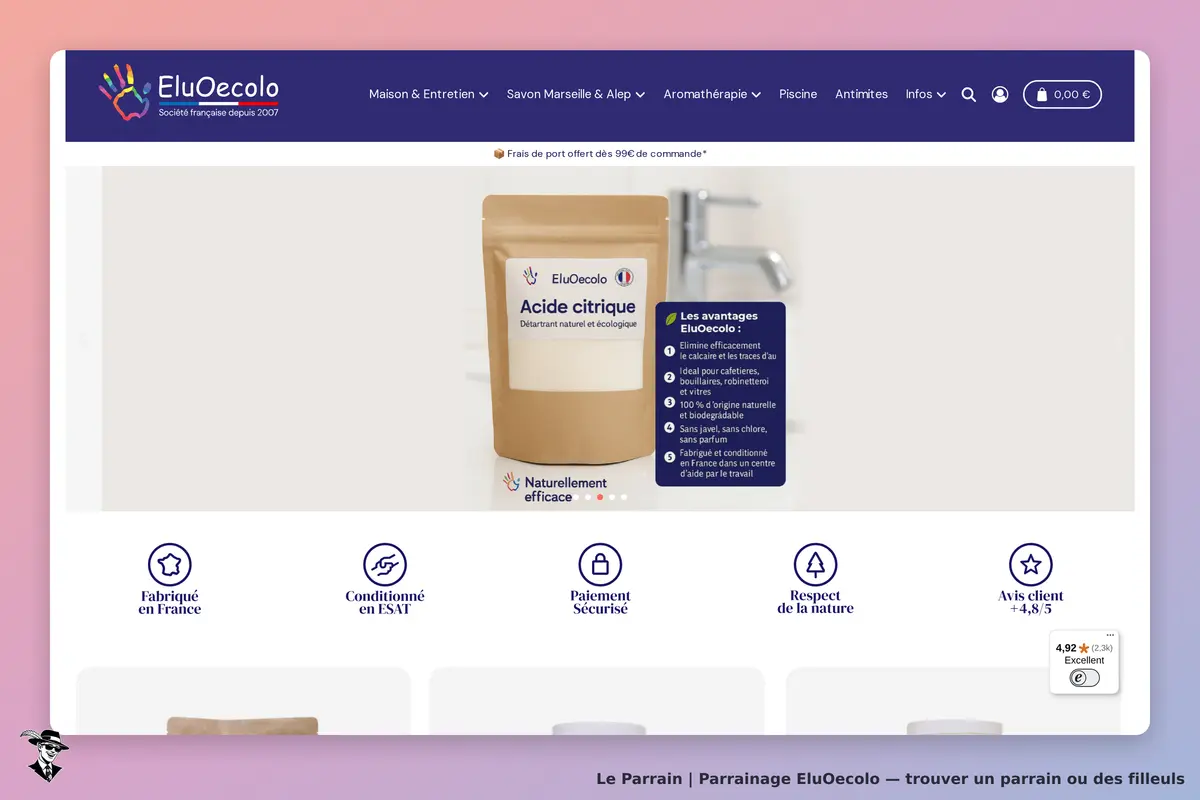 EluOecolo : page d'accueil présentant un produit d'acide citrique et ses avantages