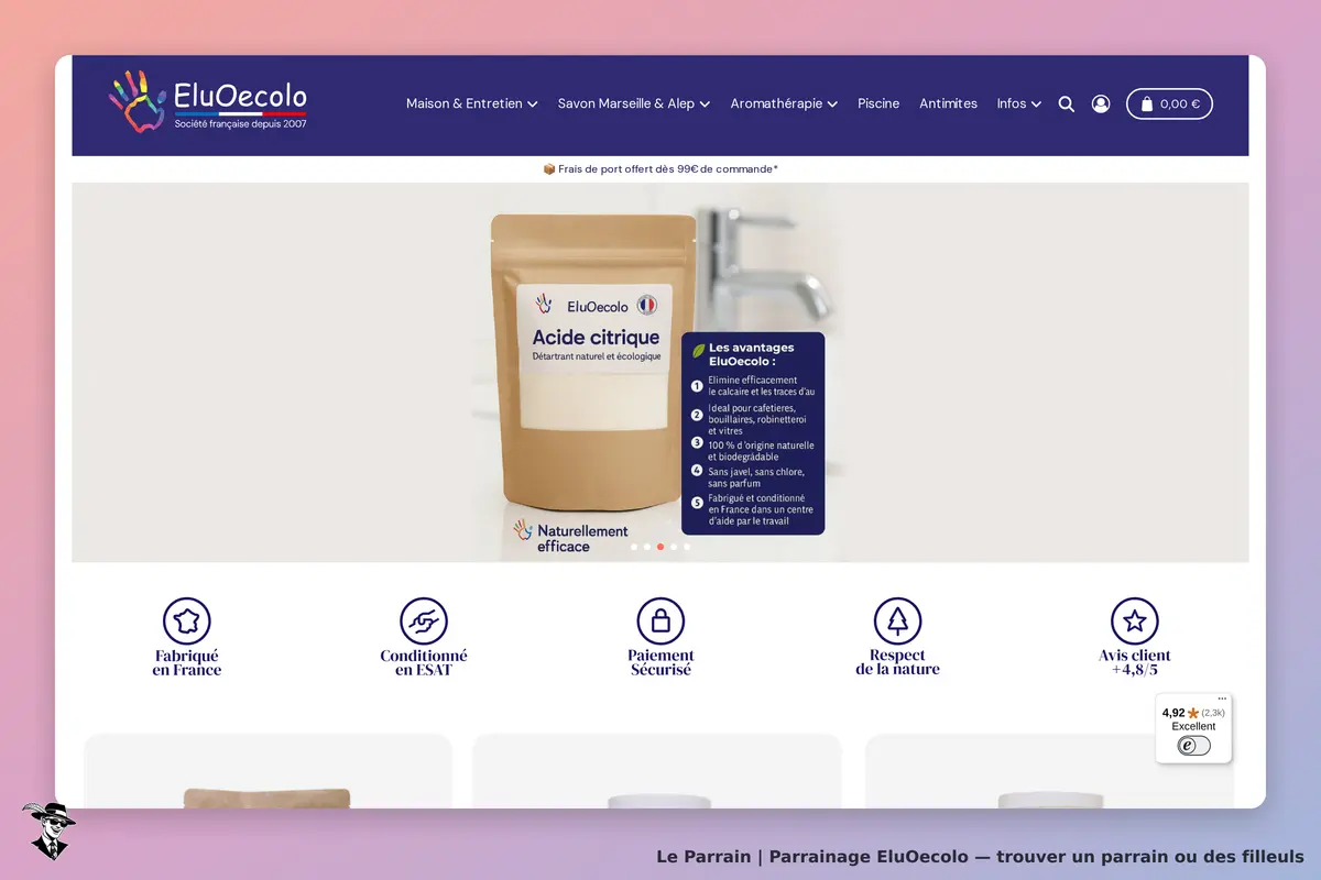 EluOecolo : page d'accueil affichant un produit d'acide citrique et ses avantages