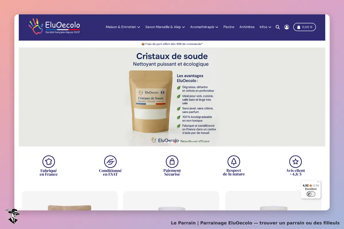 EluOecolo : page d'accueil présentant le produit Cristaux de soude et ses avantages
