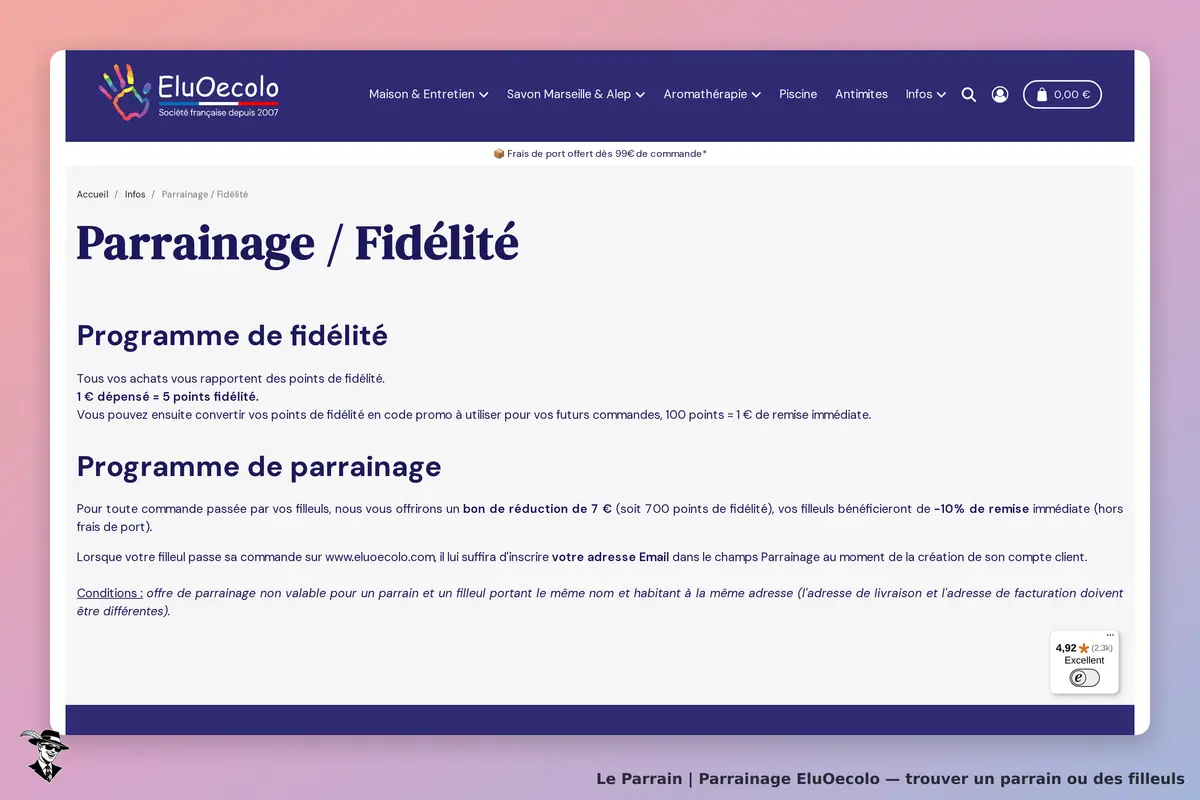 EluOecolo : page sur le parrainage et le programme de fidélité avec explications détaillées