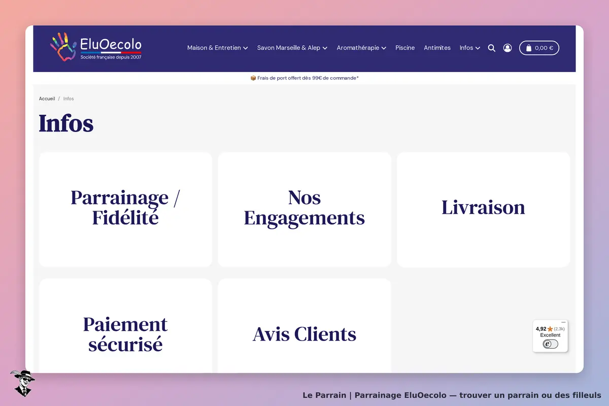 EluOecolo : page d'accueil avec sections sur parrainage, engagements, livraison et avis clients