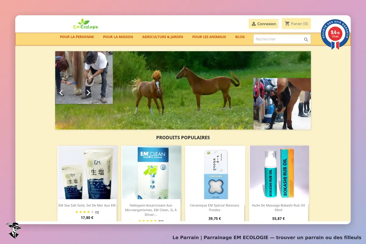 EM ECOLOGIE : page d'accueil avec images de chevaux et produits populaires affichés