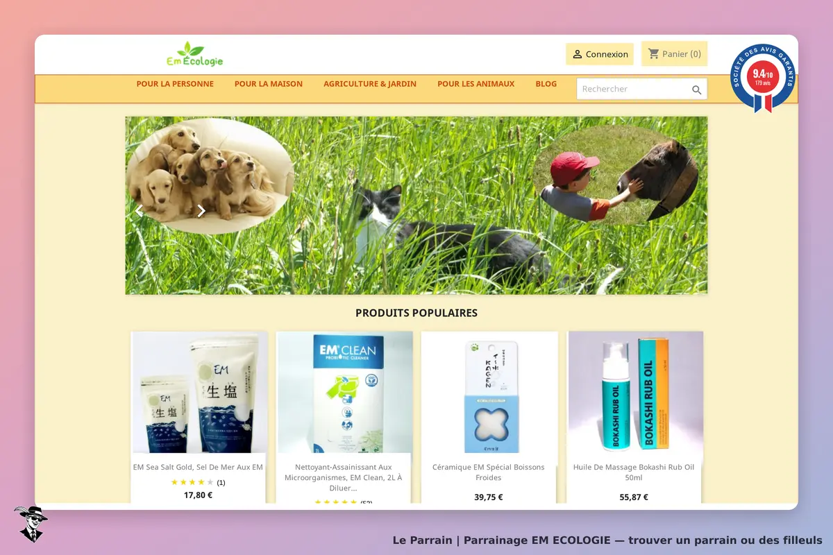 EM ECOLOGIE : page d'accueil avec produits populaires et images de chiens et enfants dans la nature