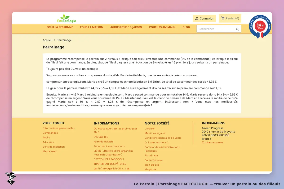 EM ECOLOGIE : page de parrainage avec explications sur le programme et exemples de gains