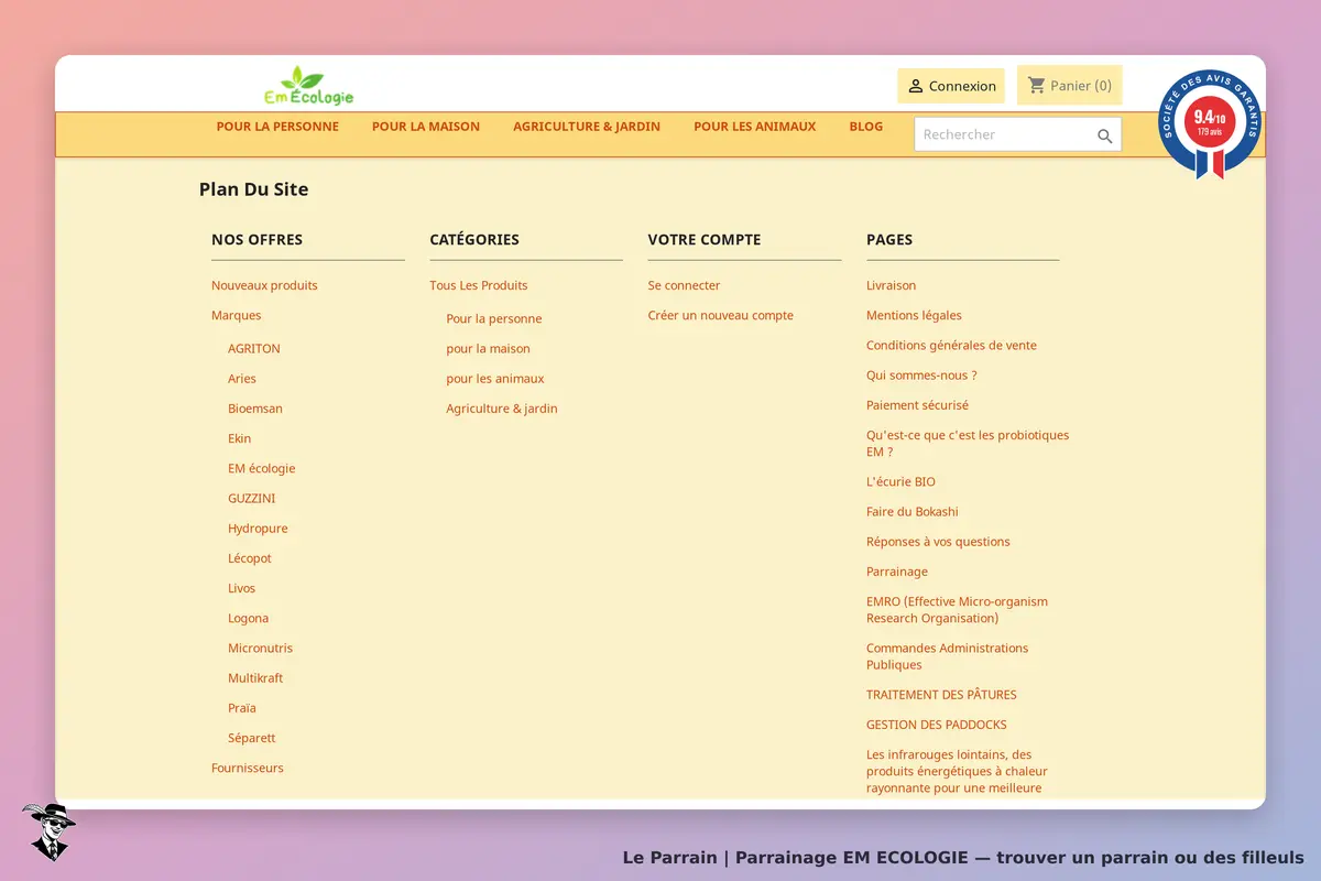 EM ECOLOGIE : eM ÉCOLOGIE : plan du site avec catégories et liens vers les offres et pages