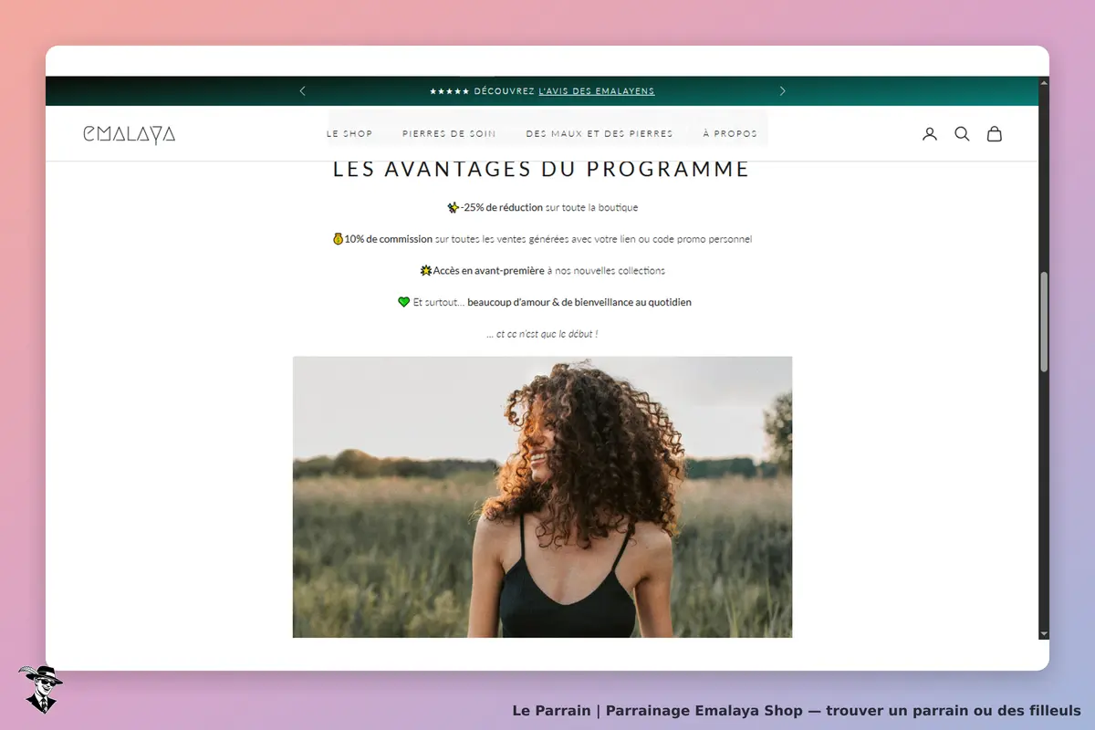 Emalaya Shop : page présentant les avantages du programme avec une femme dans un champ