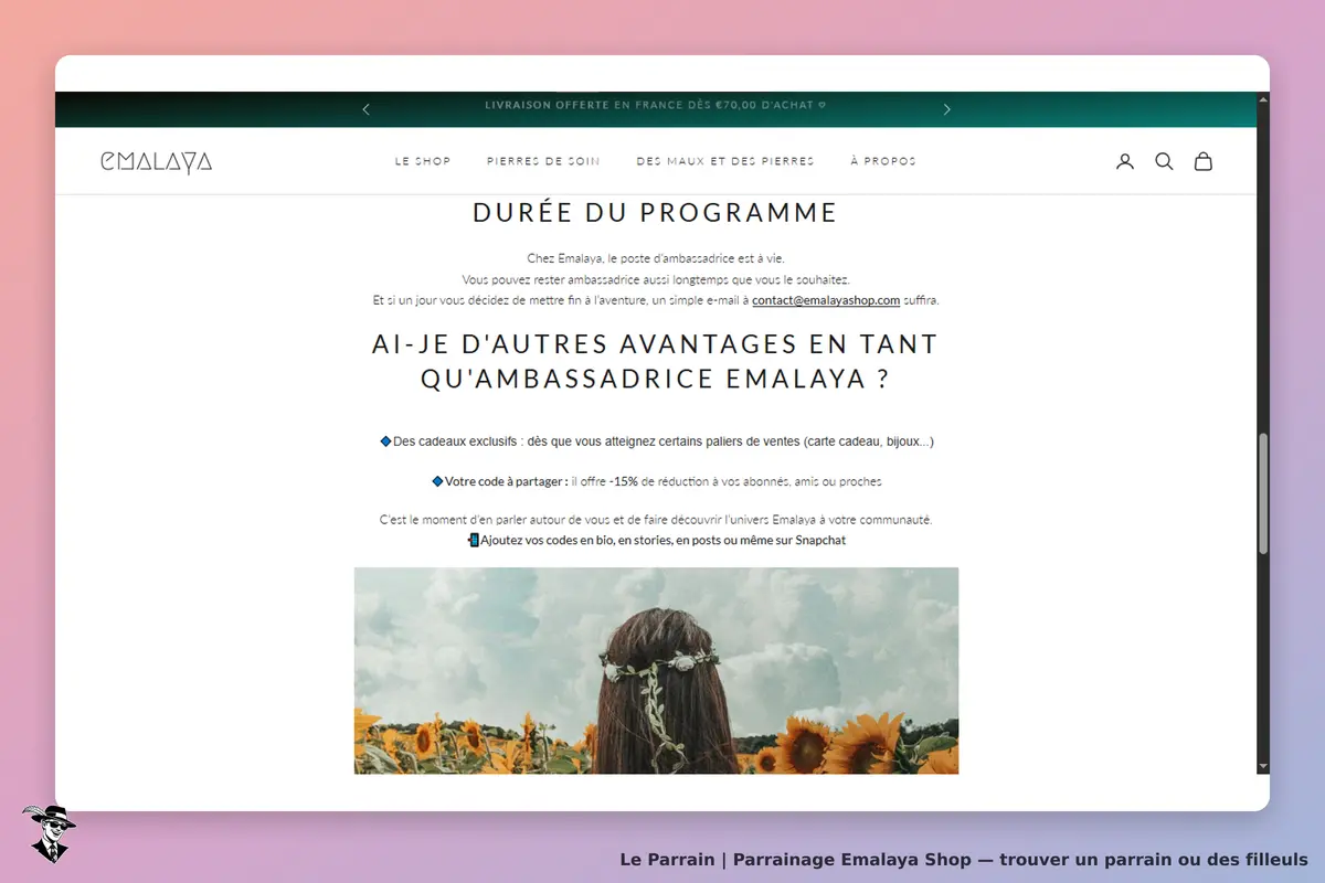 Emalaya Shop : emalaya : page sur le programme d'ambassadeur avec texte et image de fleurs