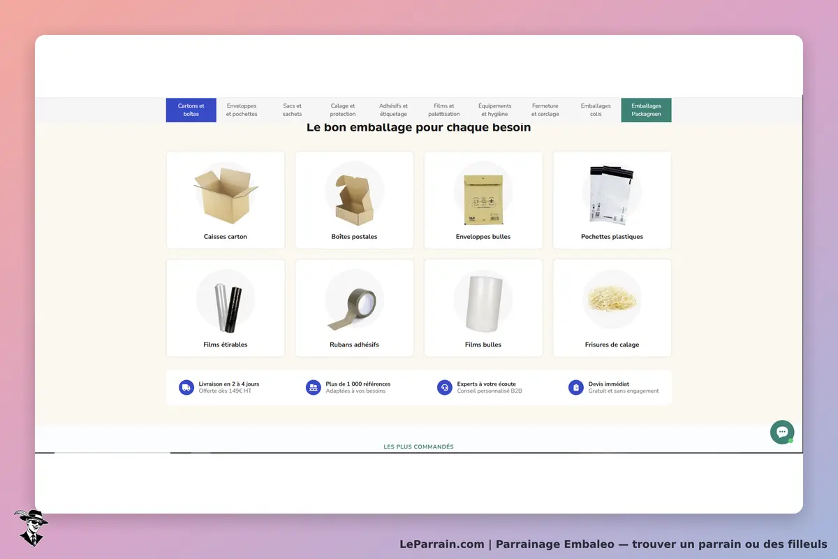 Embaleo : page d'accueil avec divers produits d'emballage et options de livraison