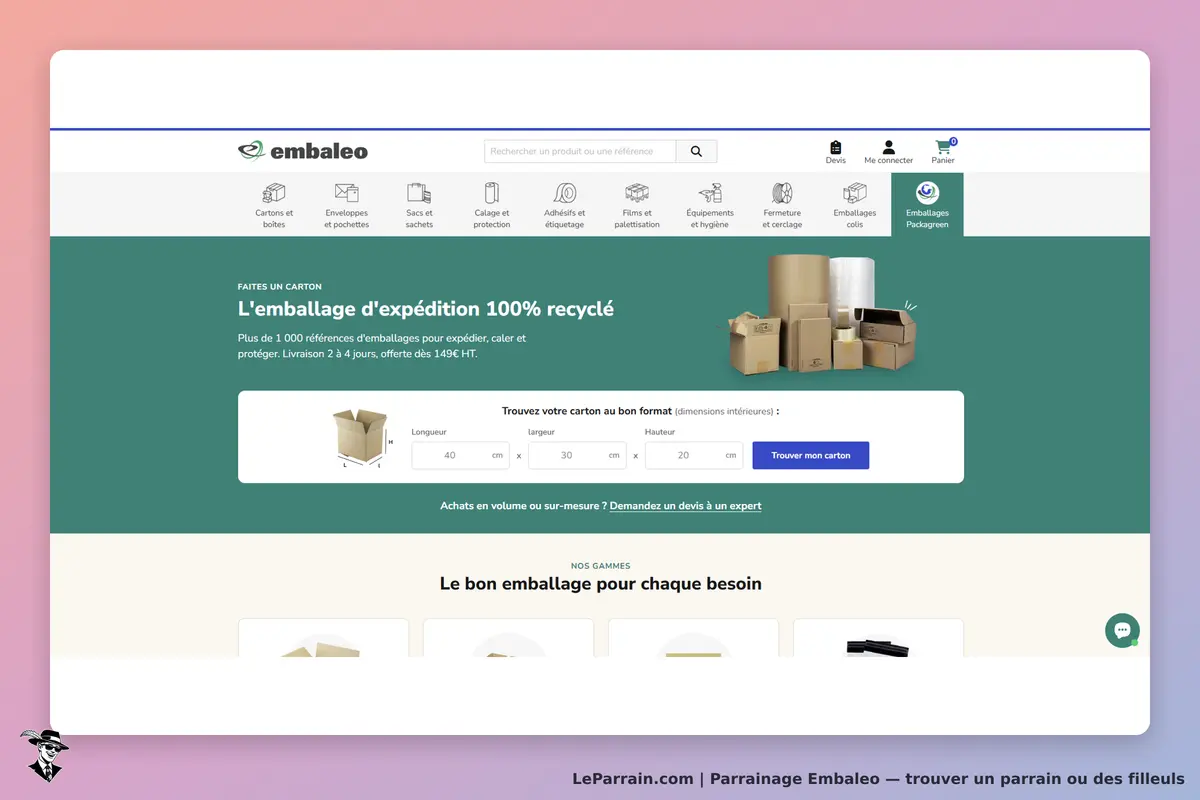 Embaleo : page d'accueil présentant des emballages en carton et un formulaire de dimensions