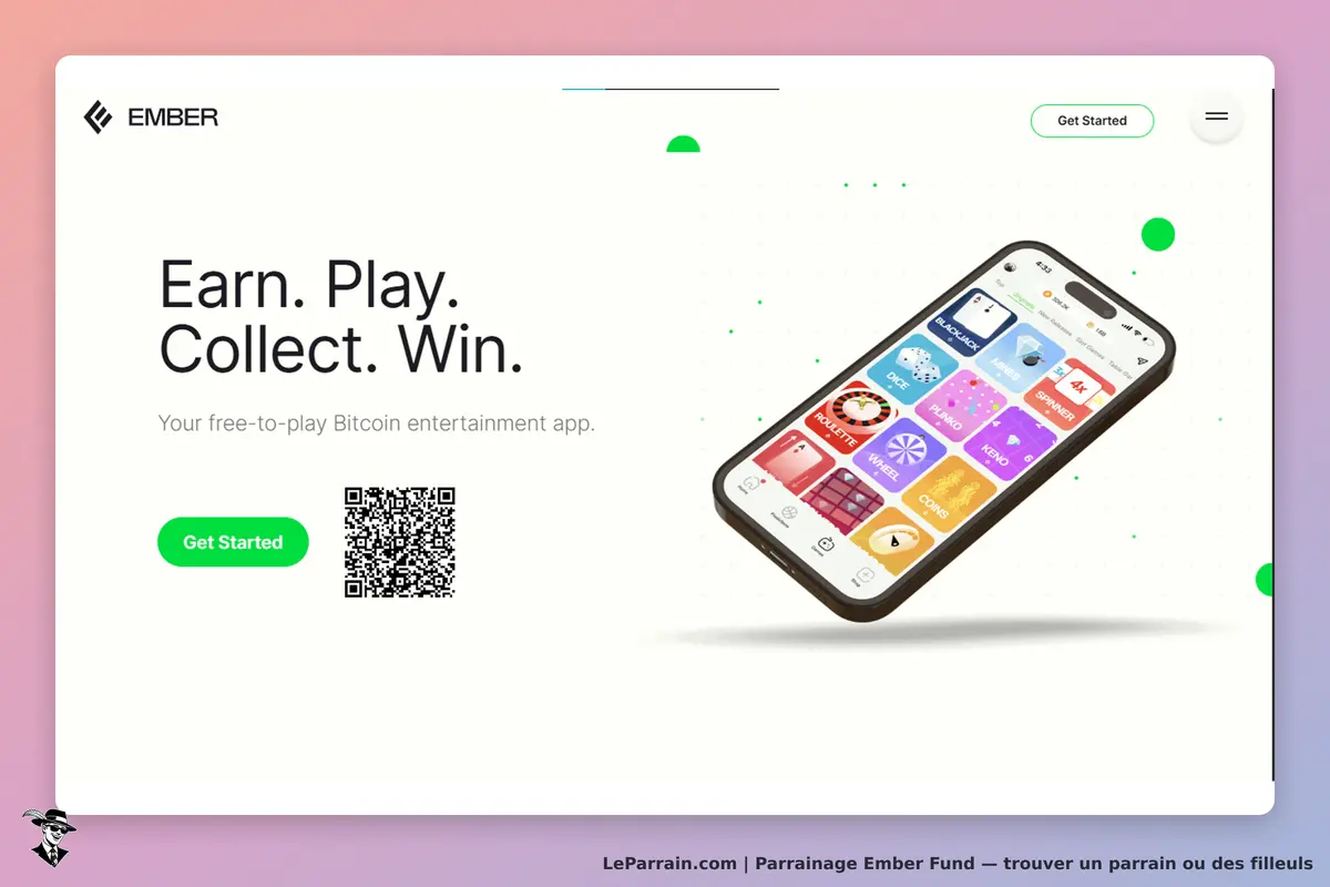 Ember Fund : ember : page d'accueil avec un téléphone affichant des jeux et un bouton "Get Started"