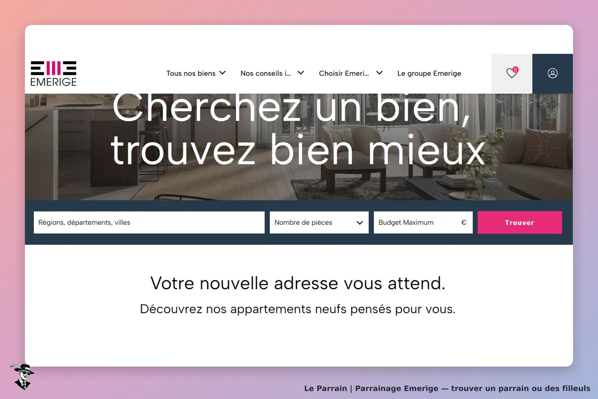 Emerige : page d'accueil avec un formulaire de recherche d'appartements et un visuel intérieur