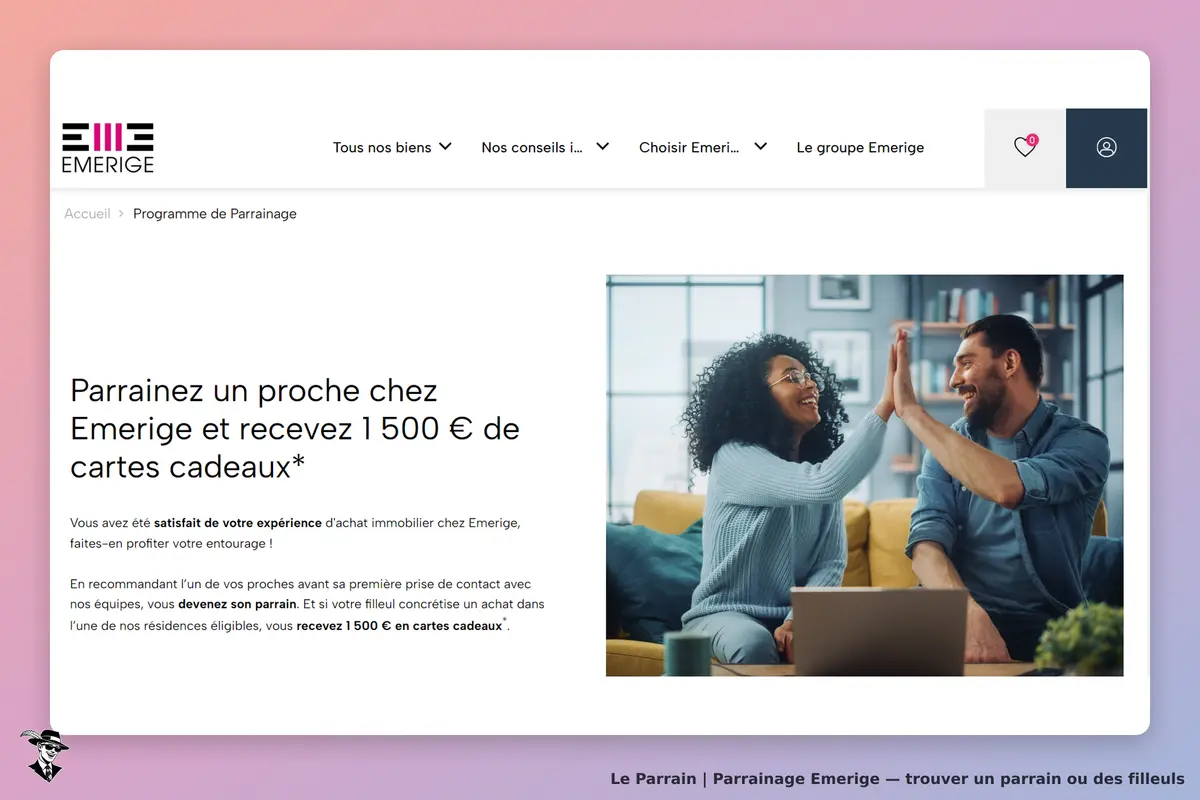 Emerige : page d'accueil avec un couple souriant se félicitant devant un ordinateur