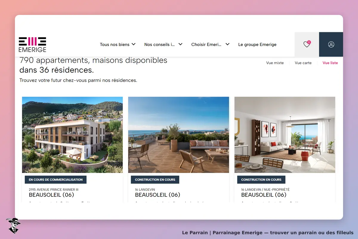 Emerige : page d'accueil présentant des appartements et maisons en cours de commercialisation