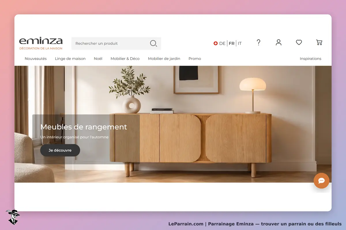 Eminza : page d'accueil présentant des meubles de rangement dans un intérieur moderne