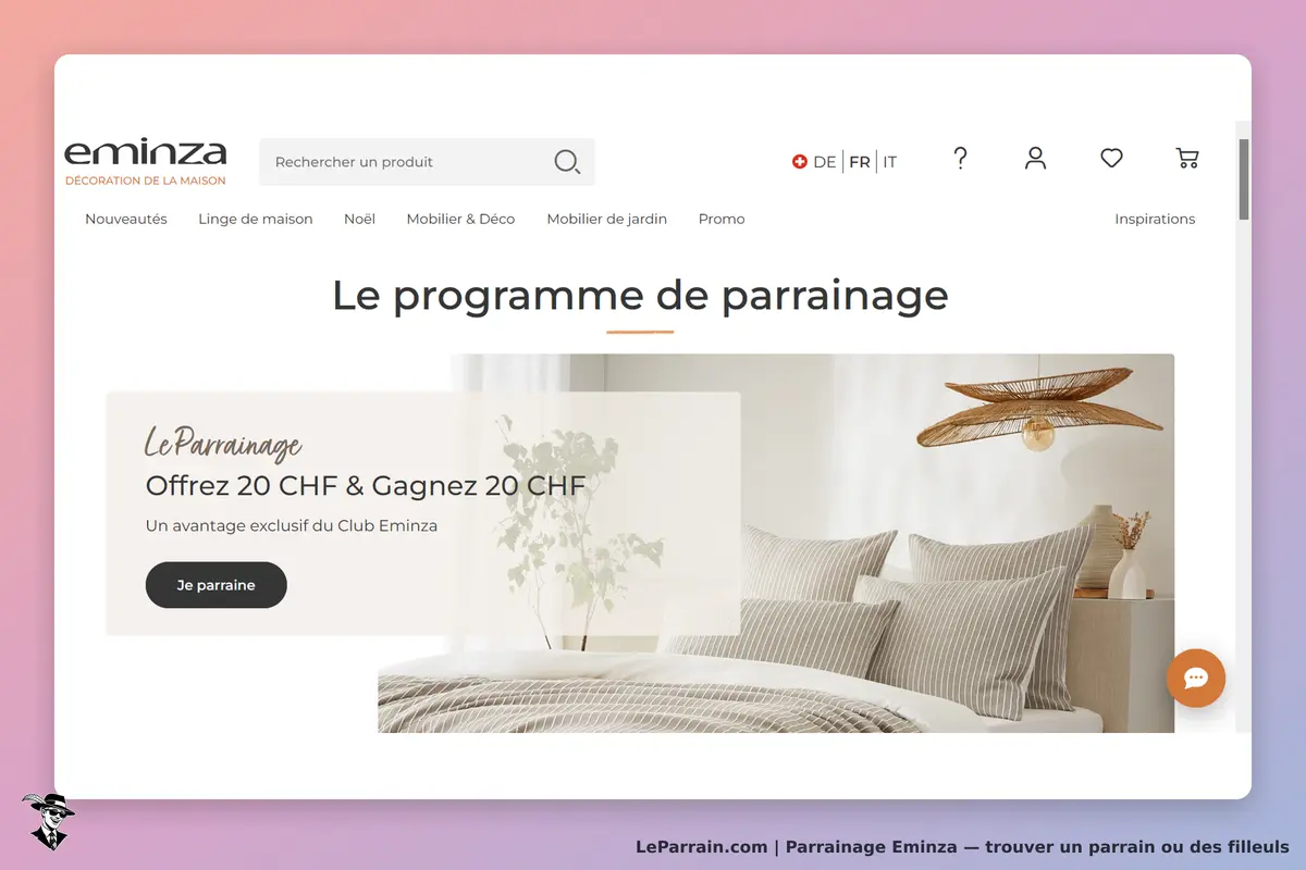 Eminza : page d'accueil présentant le programme de parrainage avec une décoration intérieure