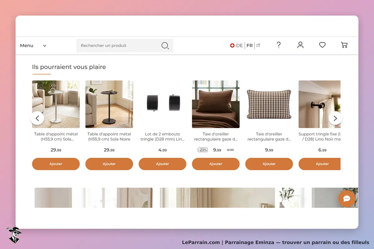 Eminza : produits d'ameublement et décorations affichés sur la page d'accueil