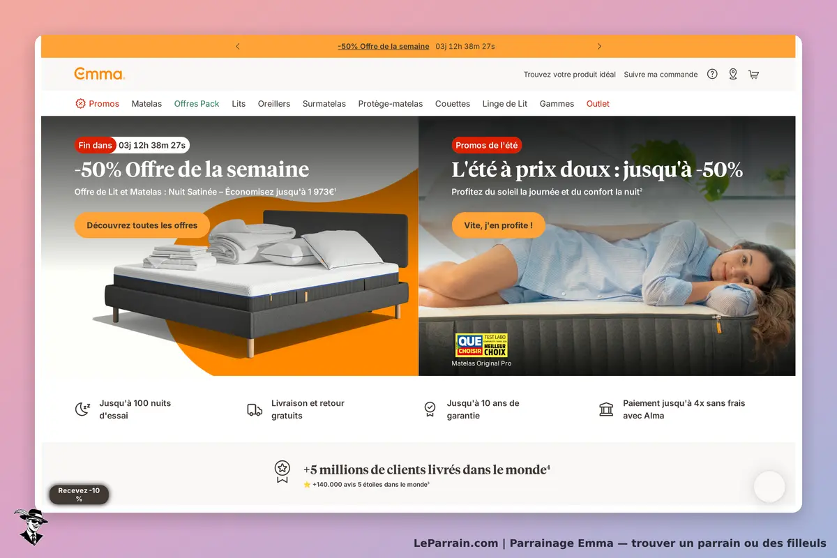 Offres de matelas Emma avec réductions jusqu'à 50% et promotion d'été.