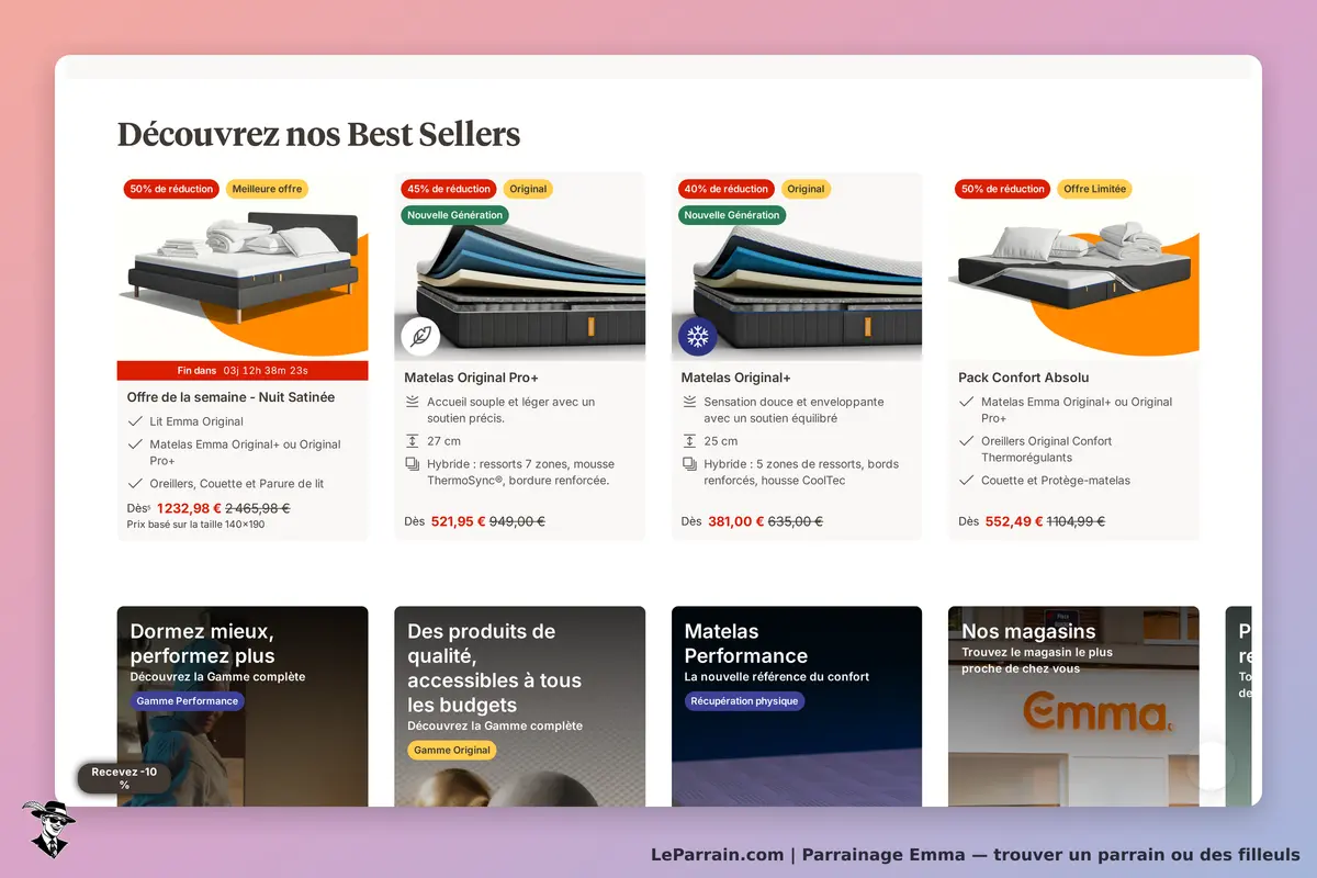 Offres promotionnelles de matelas et lits sur le site Emma, incluant réductions et best sellers.