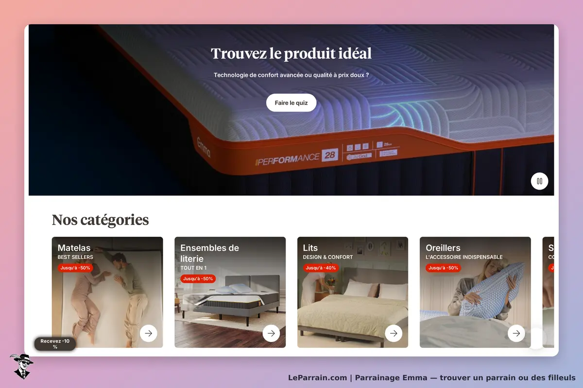 Matelas Emma en promotion avec catégories de produits pour le sommeil et le confort.