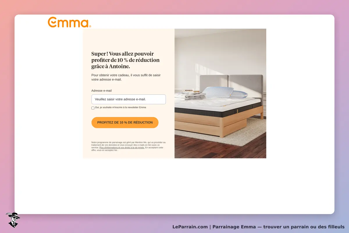 Offre de réduction de 10 % sur les matelas Emma avec saisie d'email.