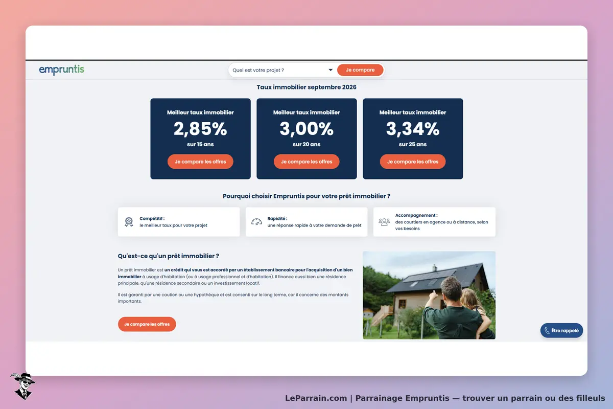Empruntis : page d'accueil avec taux immobiliers et explications sur les prêts immobiliers