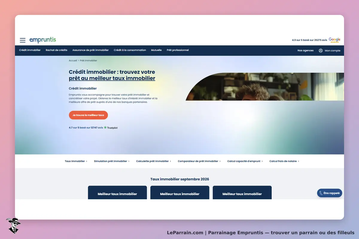 Empruntis : page d'accueil avec un formulaire pour trouver un prêt immobilier et des options