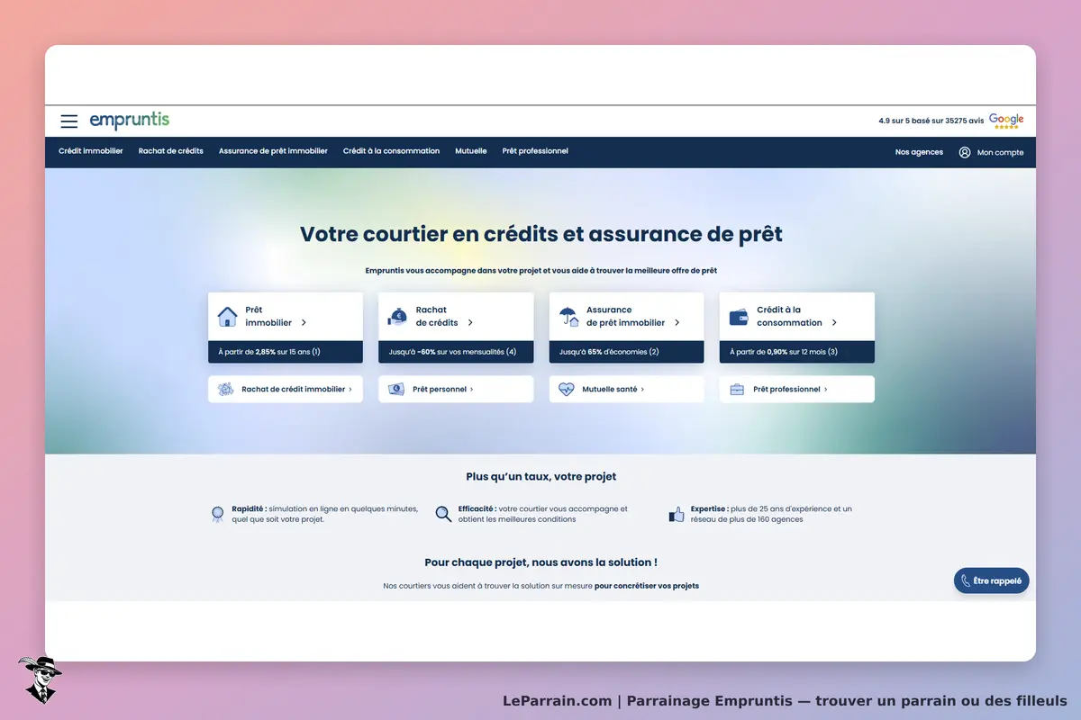 Empruntis : page d'accueil avec options de prêts et informations sur les services proposés
