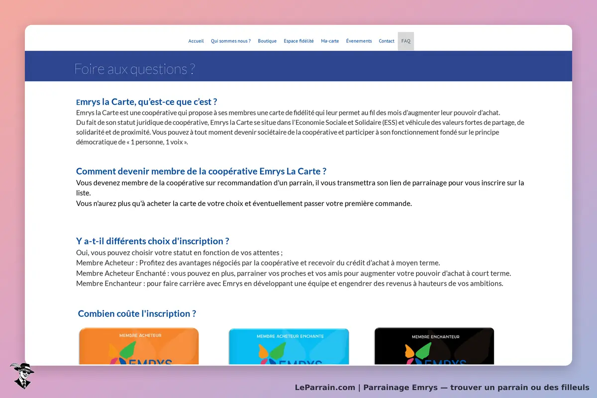 Emrys : page FAQ présentant la coopérative et les options d'inscription disponibles