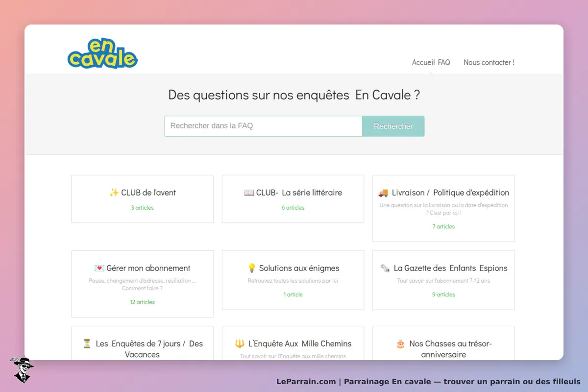 En cavale : page d'accueil avec FAQ et catégories d'articles sur les enquêtes proposées