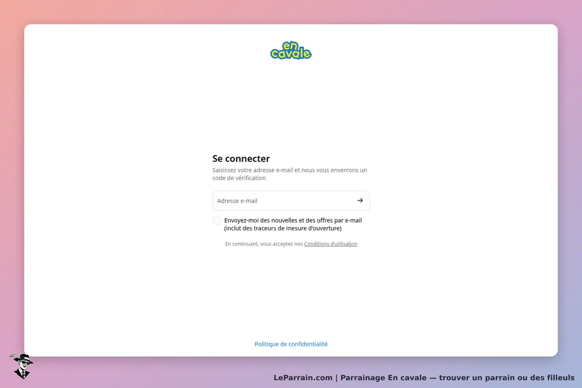 En cavale : écran de connexion avec formulaire pour saisir une adresse e-mail et options