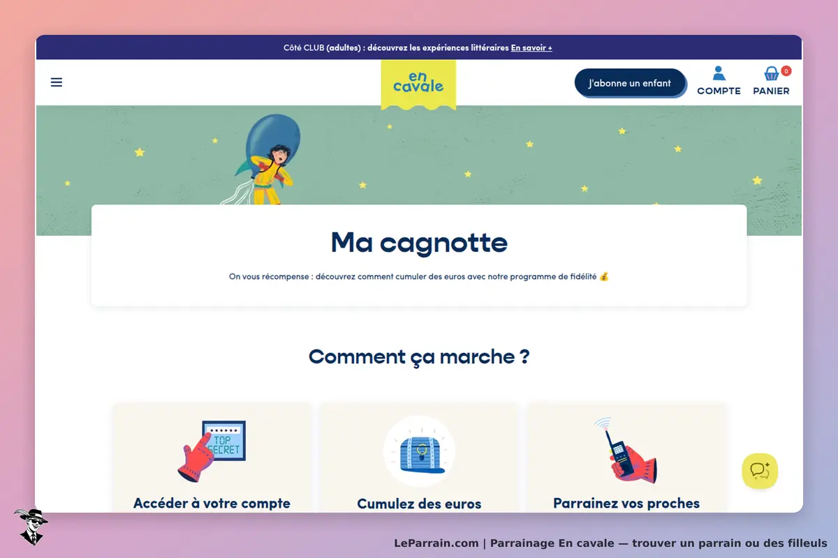 En cavale : page d'accueil avec un enfant en costume d'astronaute et trois sections explicatives