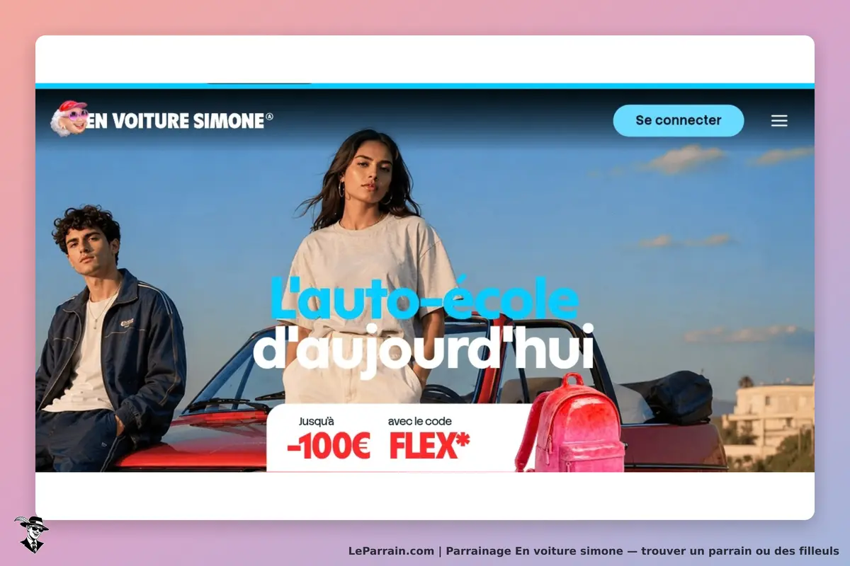 En voiture simone : page d'accueil avec un couple devant une voiture rouge et un sac à dos