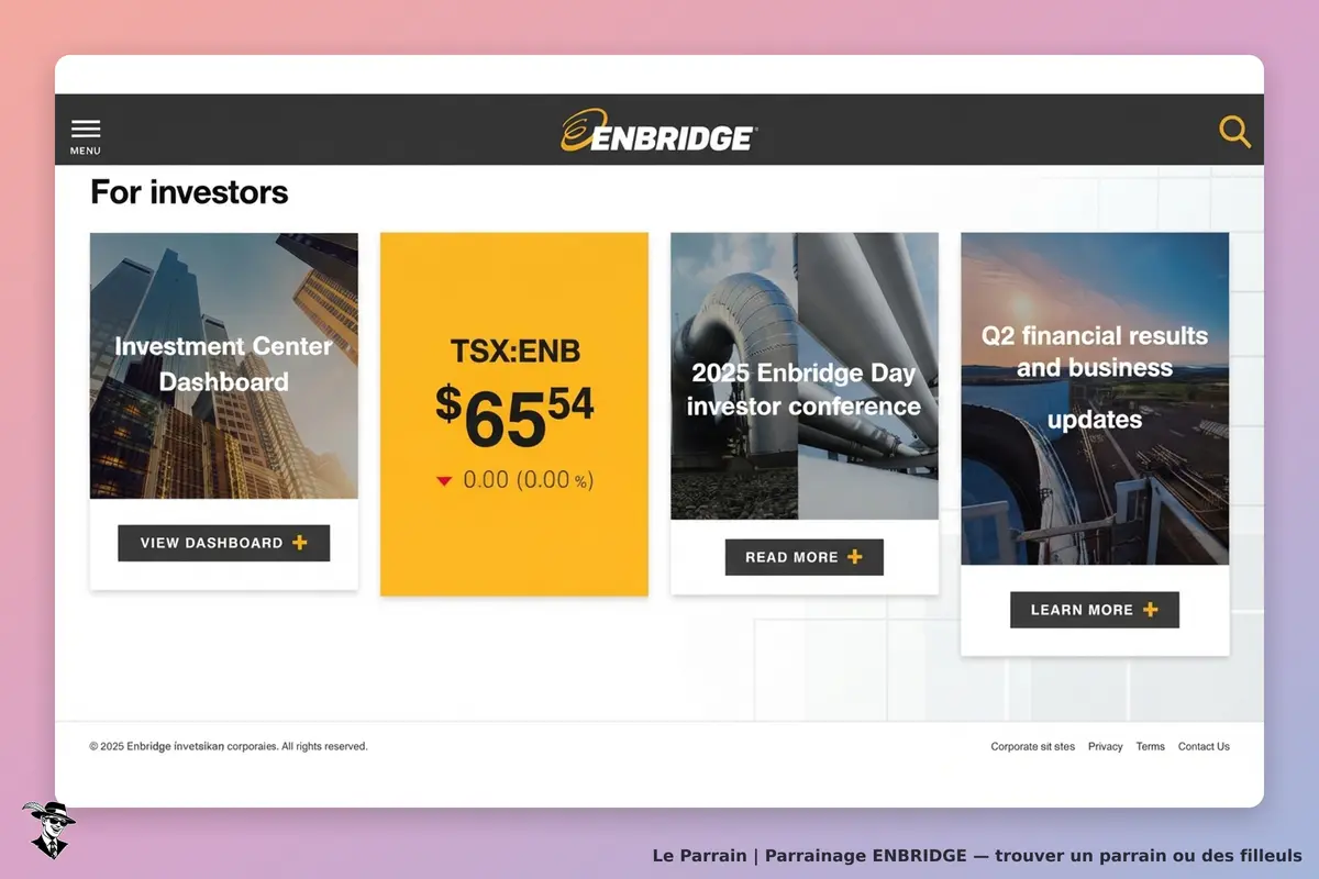 ENBRIDGE : page d'accueil pour investisseurs avec des sections sur le tableau de bord et