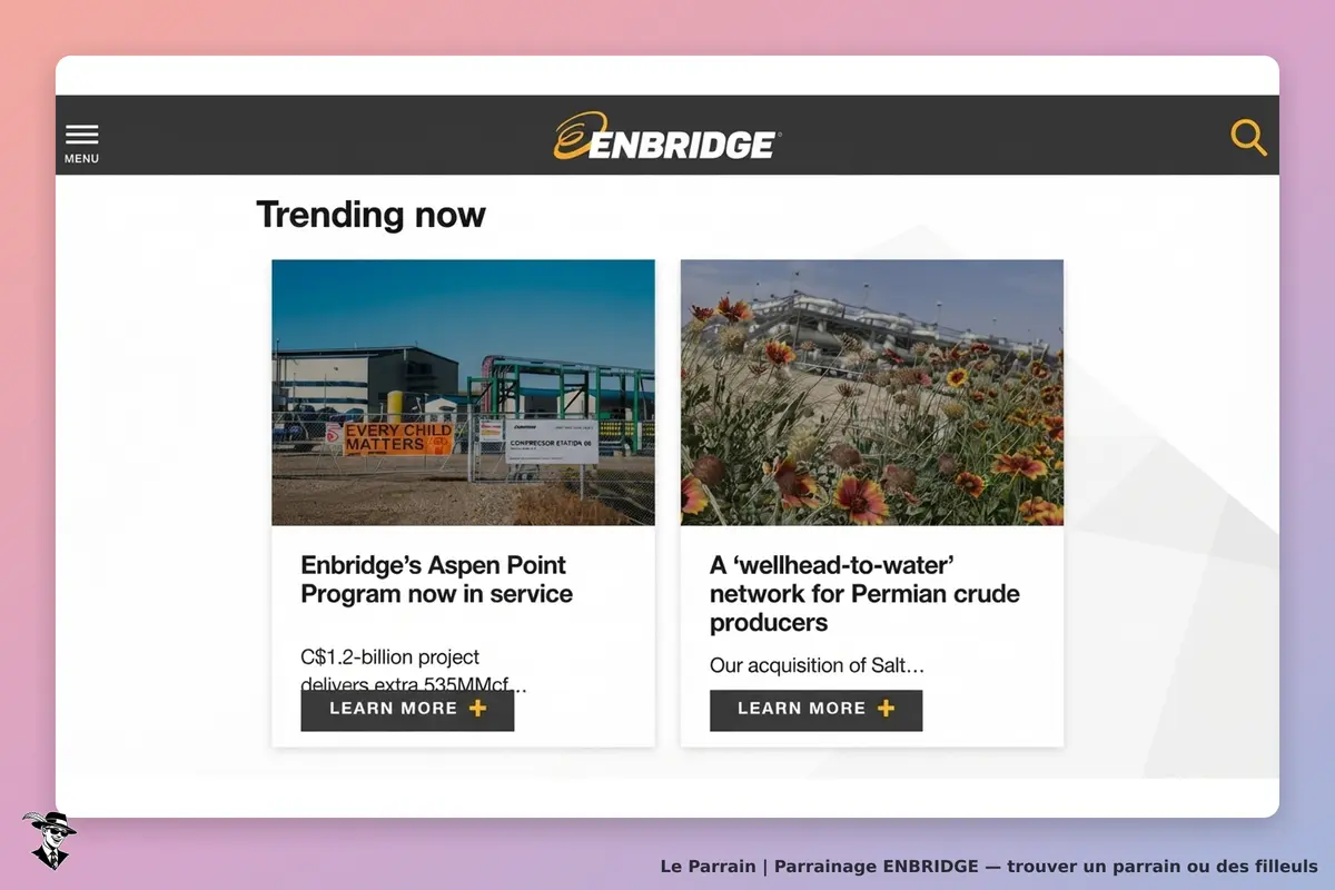 ENBRIDGE : section "Trending now" avec deux projets illustrés et des boutons "Learn more"