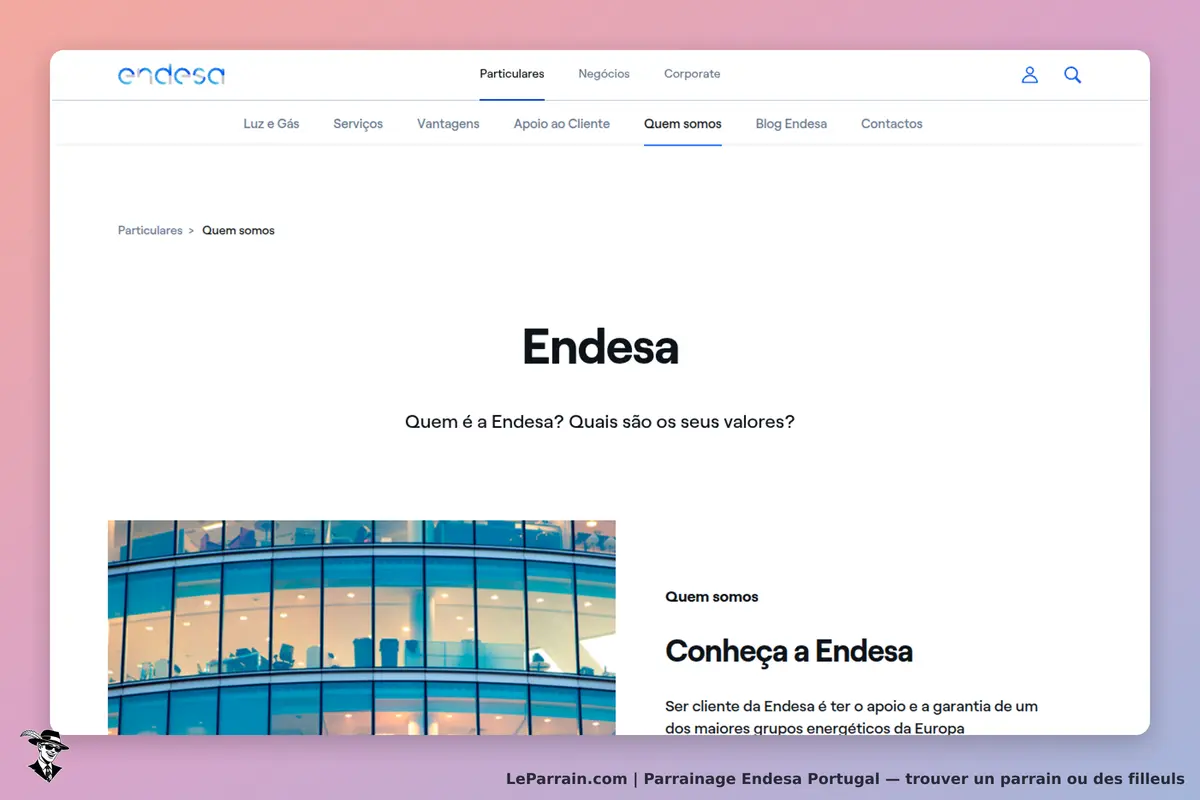 Endesa Portugal : endesa : page "Qui sommes-nous" avec un aperçu de bureaux modernes en