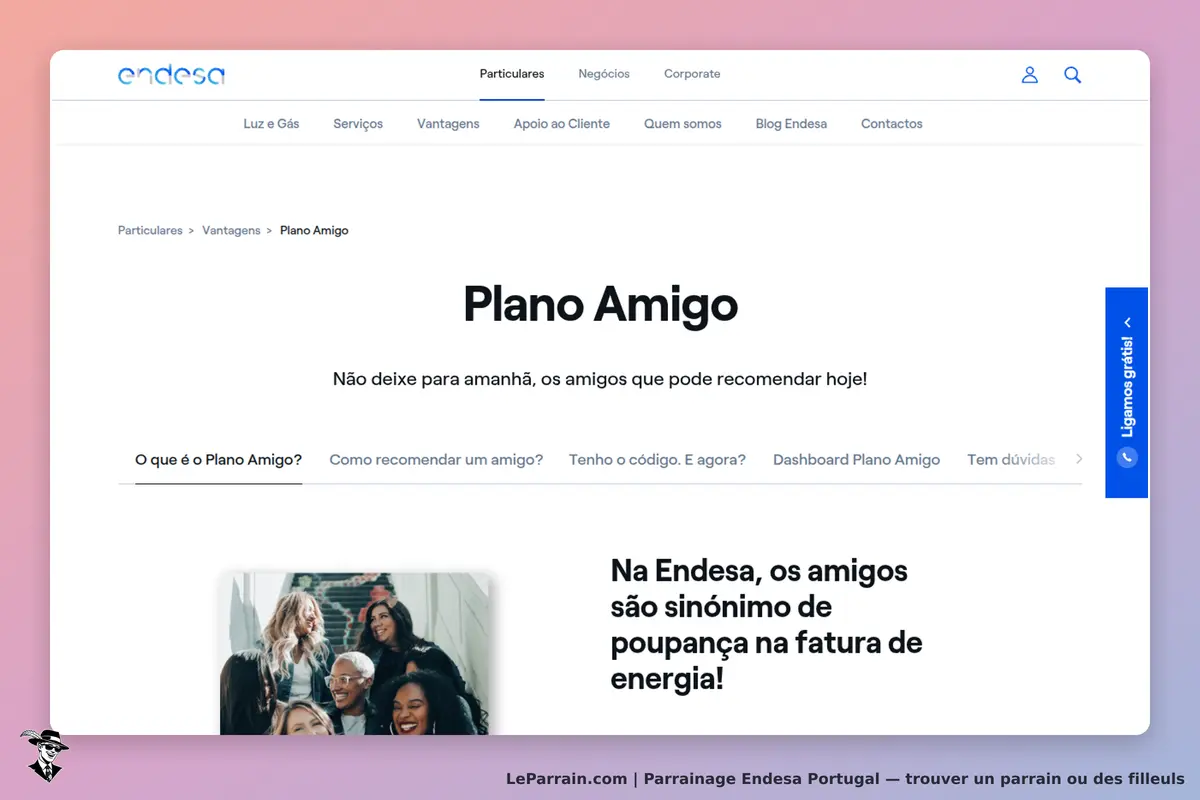 Endesa Portugal : endesa : page présentant le "Plano Amigo" avec un texte explicatif et une image