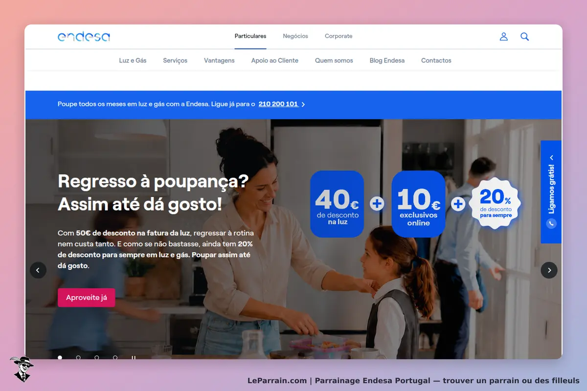 Endesa Portugal : endesa : page d'accueil avec une mère et sa fille dans une cuisine, texte sur des