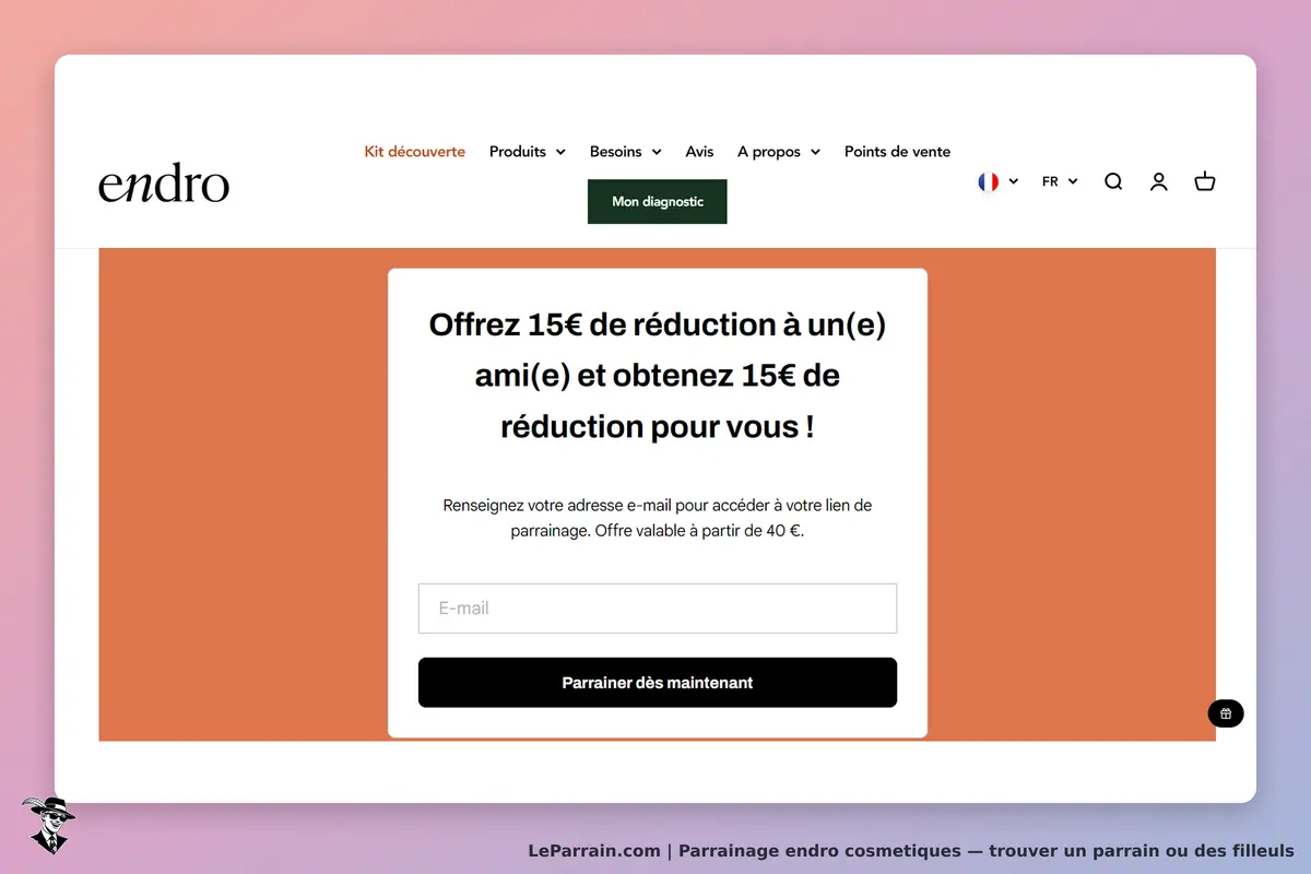 endro cosmetiques : endro : formulaire de parrainage avec champ pour l'adresse e-mail sur fond