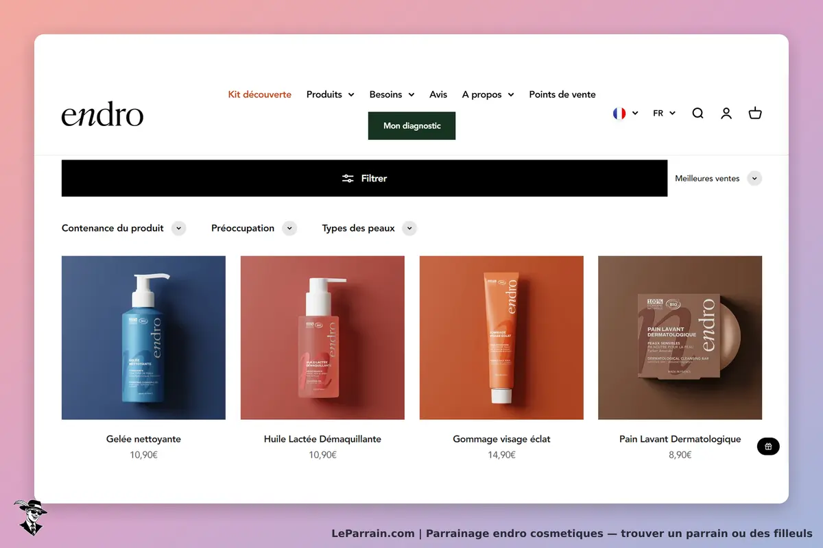 endro cosmetiques : endro : page d'accueil avec quatre produits cosmétiques et options de filtrage