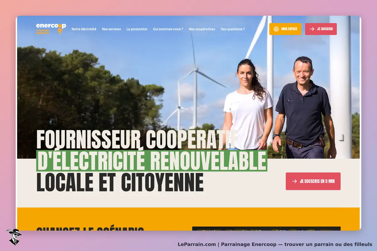 Enercoop : page d'accueil avec deux personnes et des éoliennes en arrière-plan