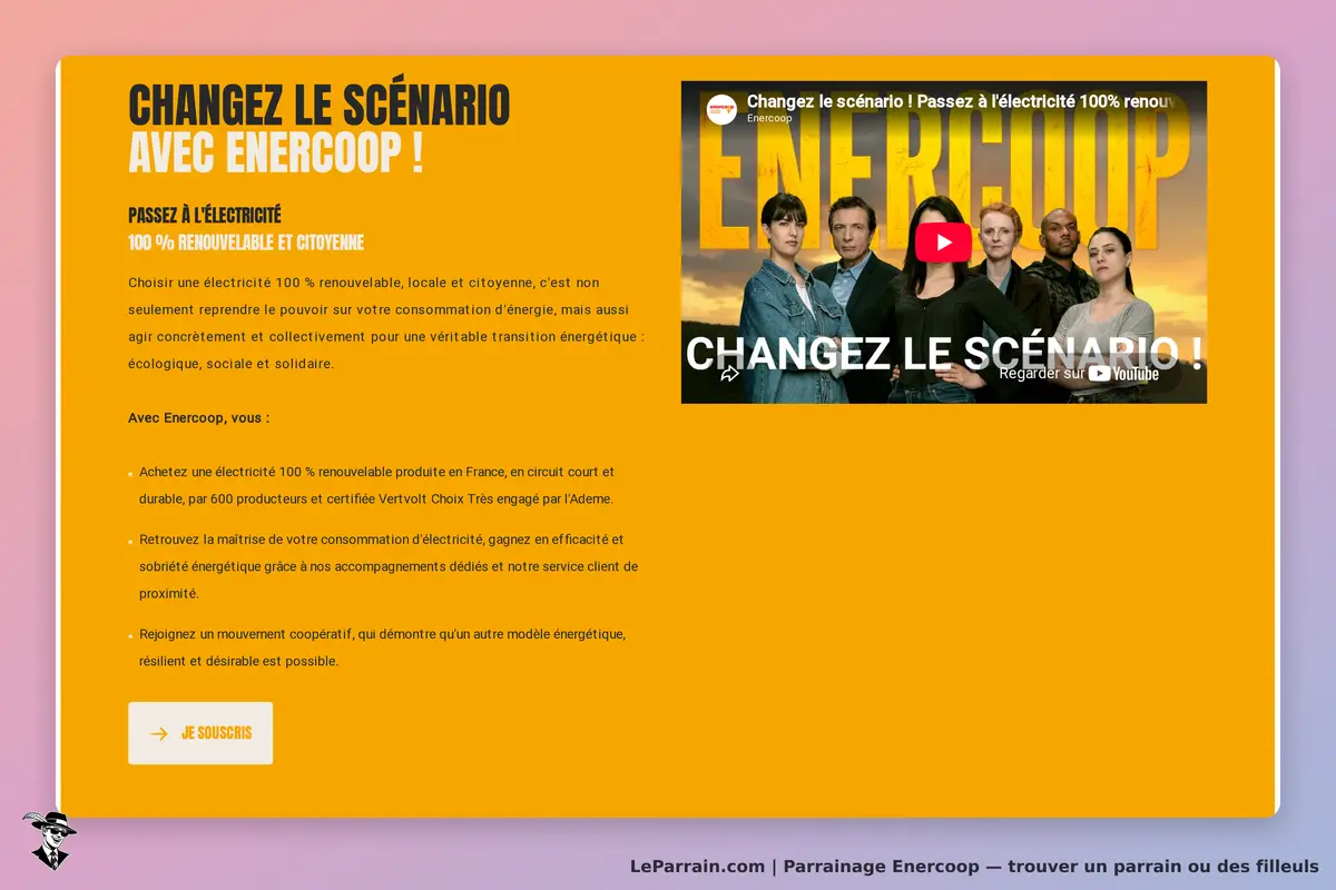 Enercoop : page d'accueil avec un appel à l'action et une vidéo sur l'électricité renouvelable