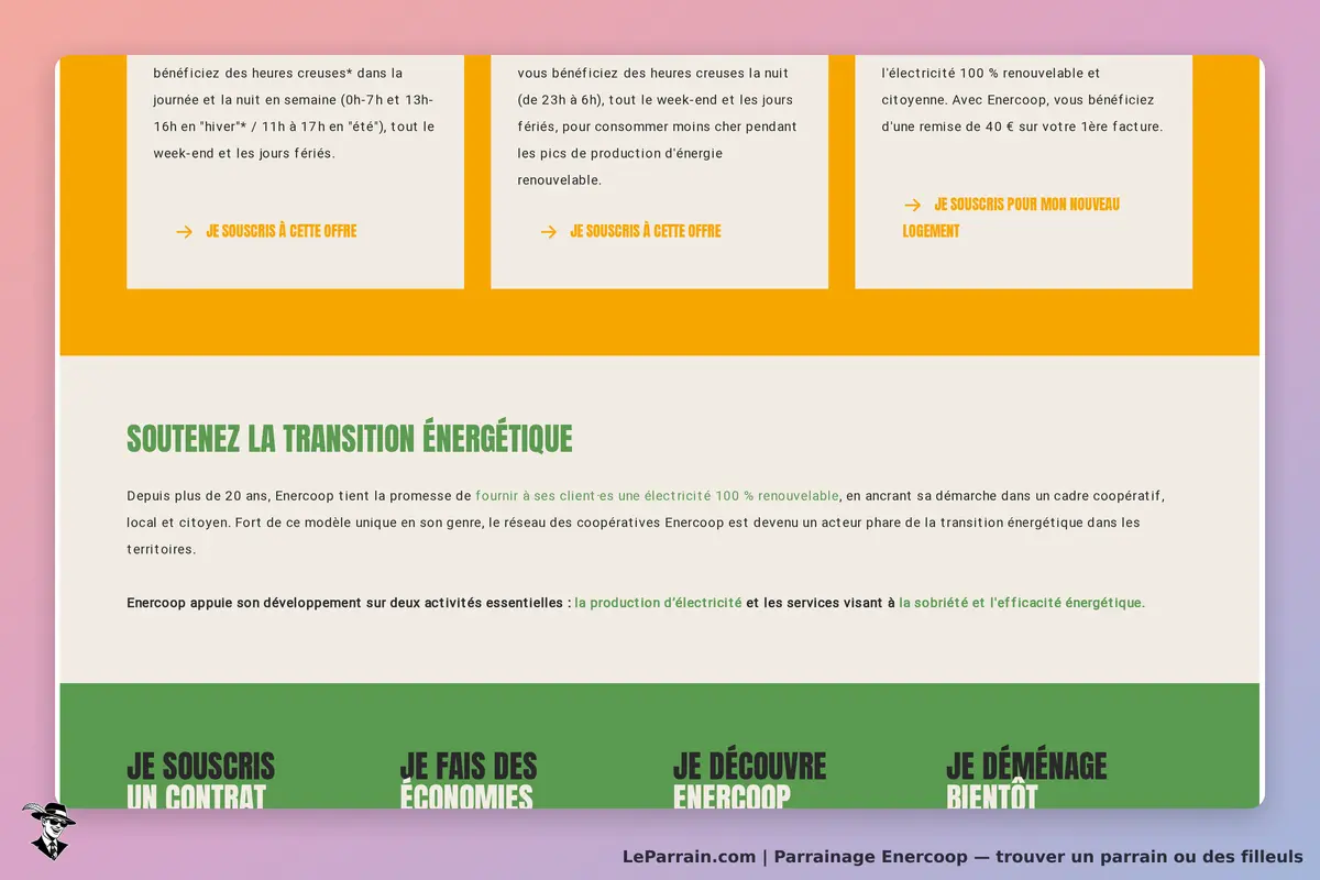 Enercoop : page d'accueil avec options de souscription et informations sur l'électricité