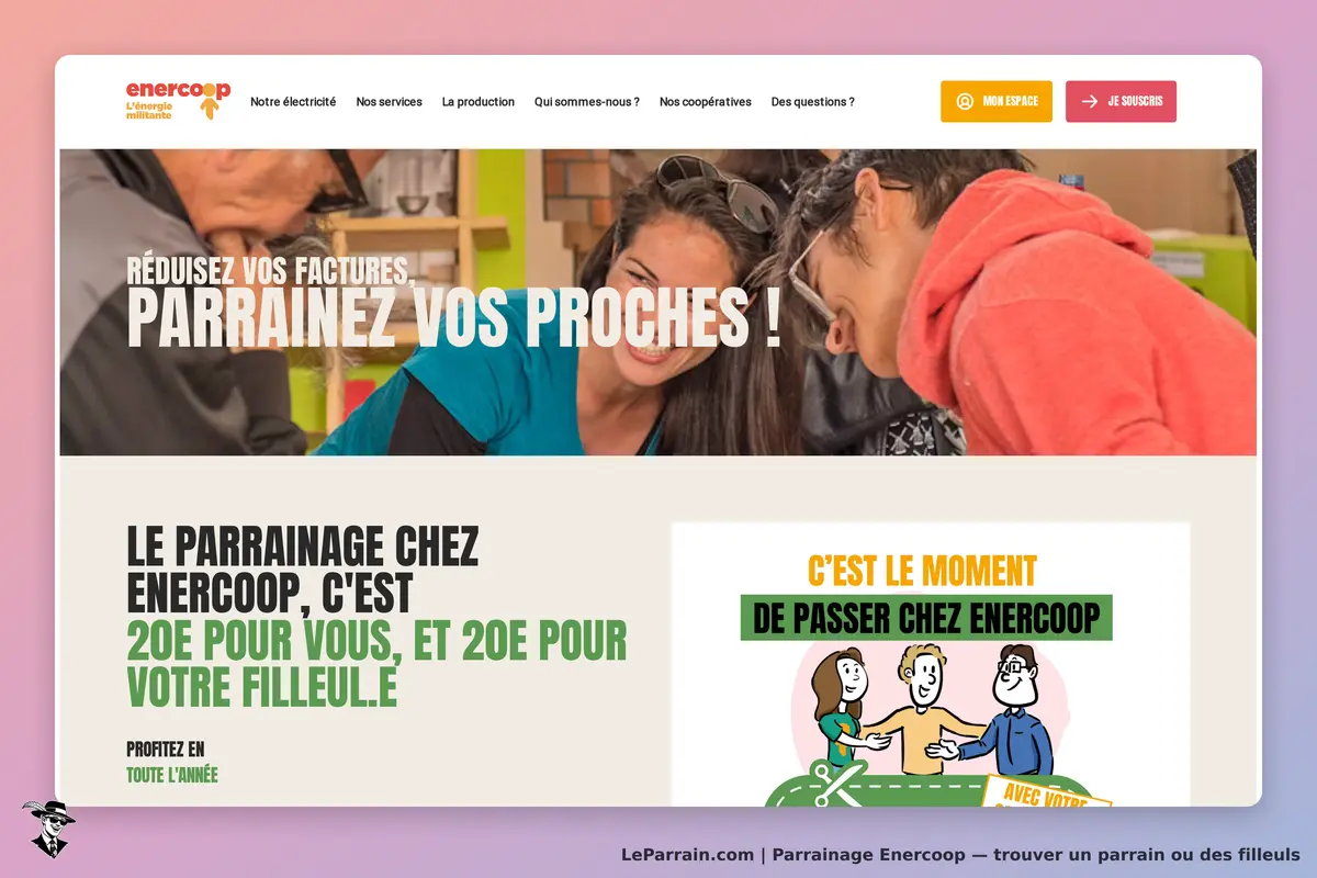 Enercoop : page d'accueil avec des personnes souriantes et un message sur le parrainage