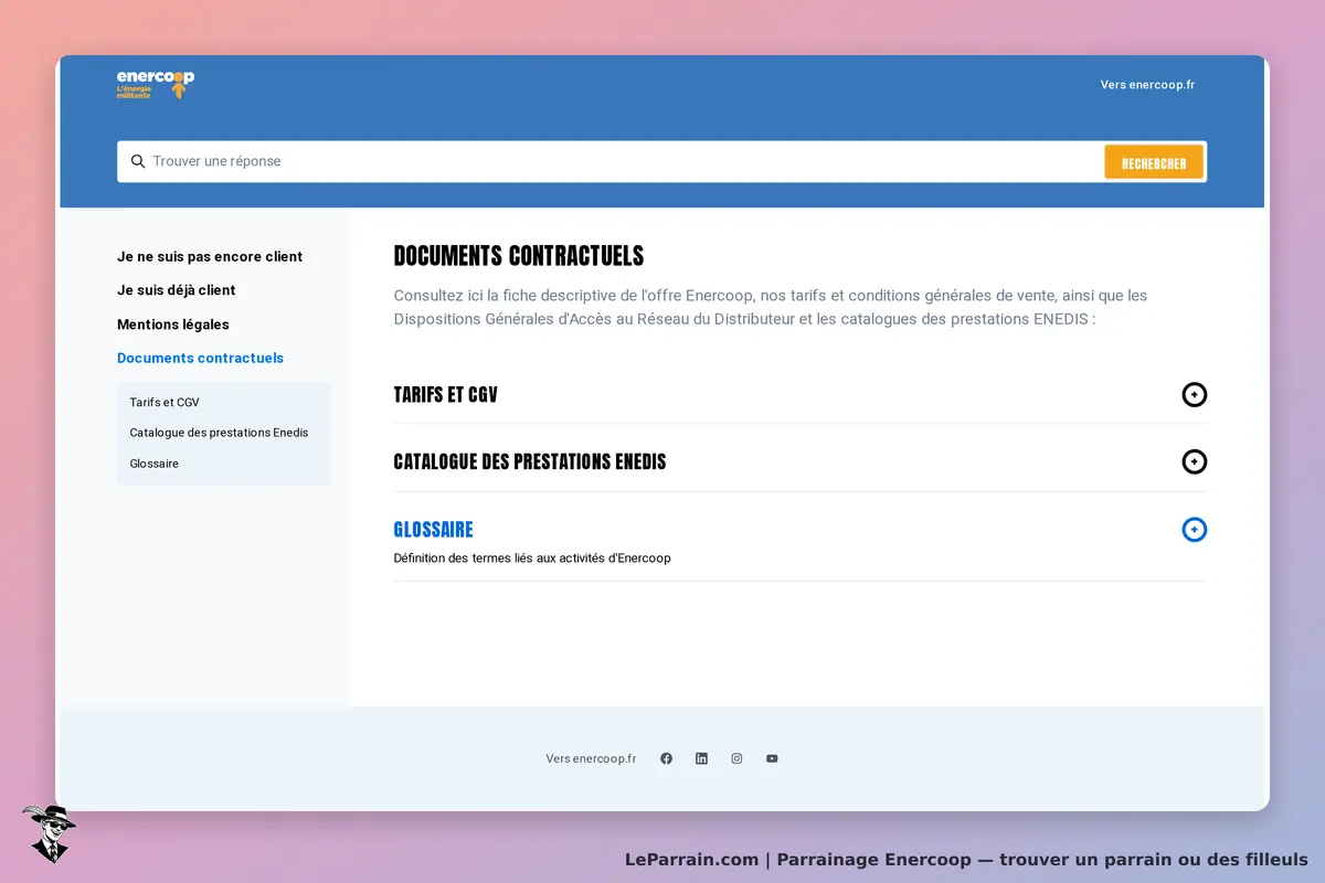 Enercoop : vue de la page Documents contractuels avec options de navigation et recherche