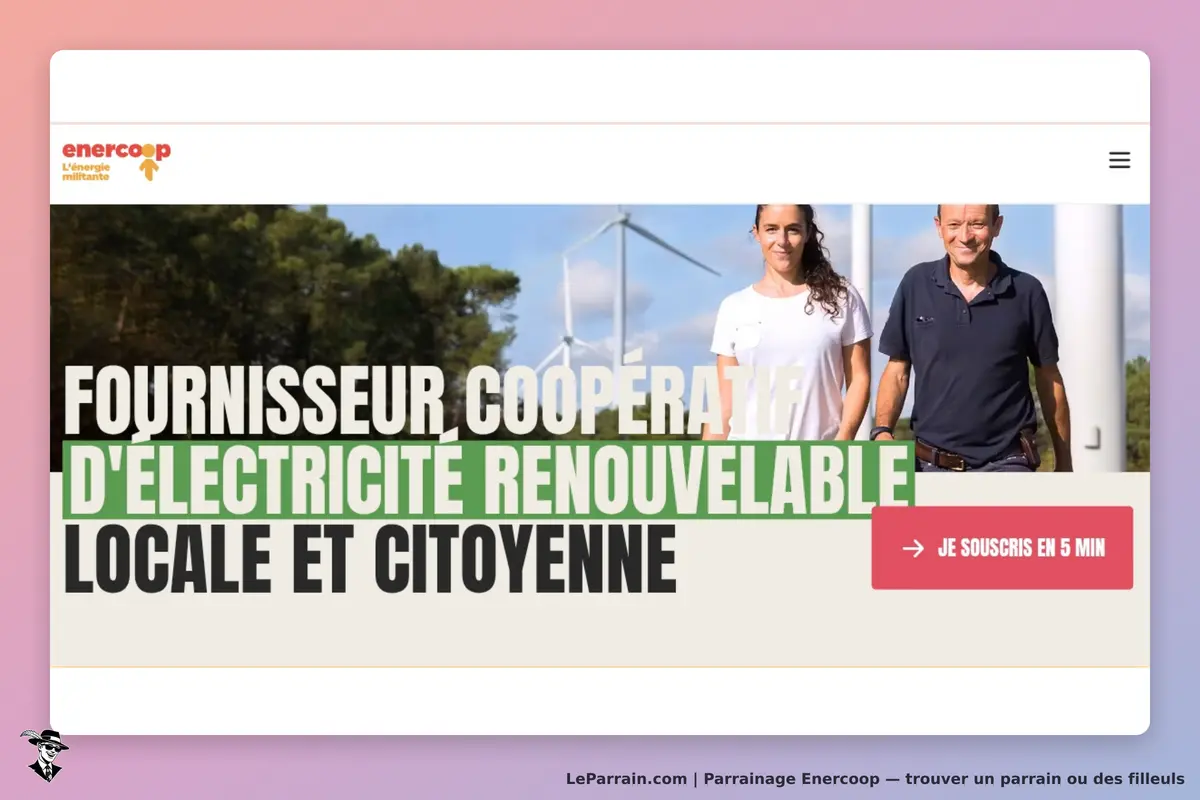 Enercoop : page d'accueil avec deux personnes et éoliennes en arrière-plan, bouton d'inscription