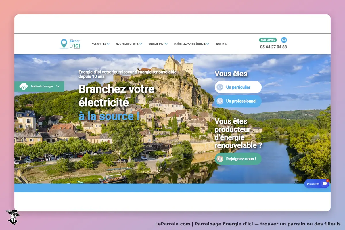 Energie d'Ici : page d'accueil avec un paysage et des options pour particuliers et professionnels