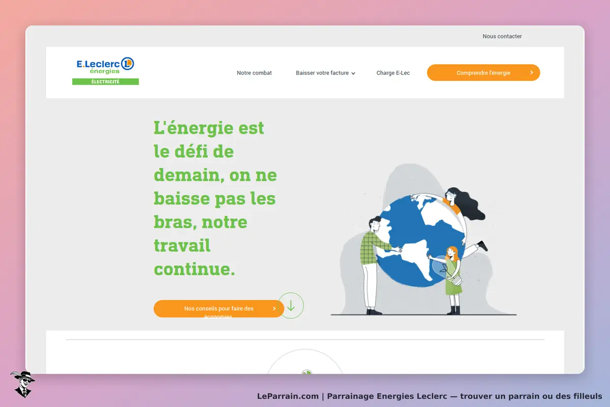 Energies Leclerc : e. Leclerc : page d'accueil avec un message sur l'énergie et des illustrations